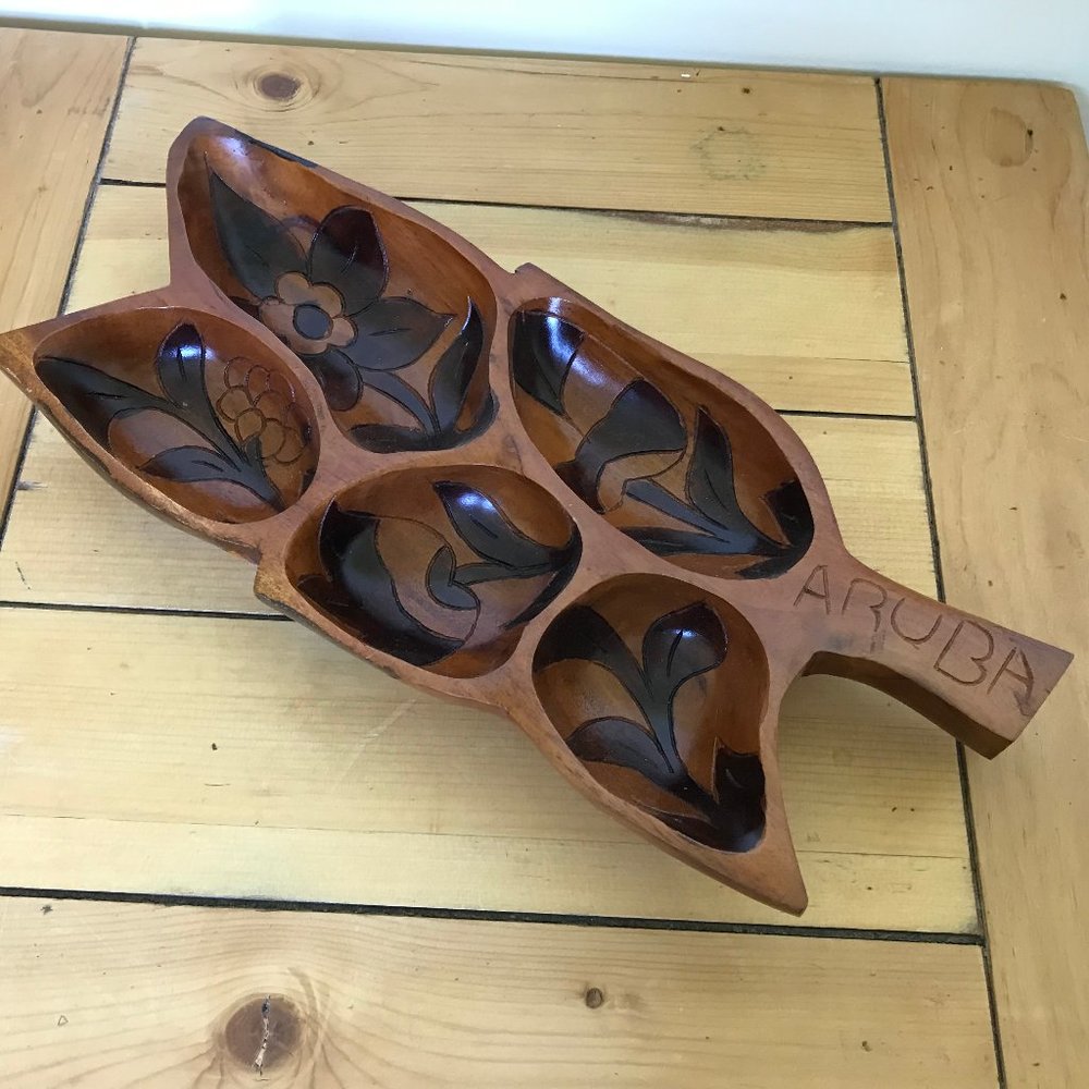 Wooden Aruba Souvenir Serving Tray 5 Sectional Snack Nut Tray with Handle 15.5"